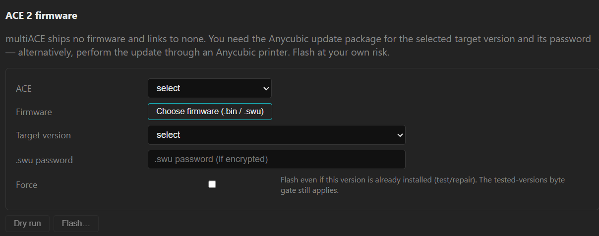 ACE 2 firmware flash panel